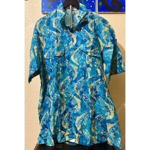 Orvis Shirt Men SZ XL Blue Gold Fish Print Button Front Short Sleeve Active Fit
